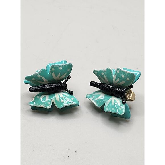 Vintage Turquoise Enamel Butterfly Clip On Earrings 1950s - Picture 5 of 9